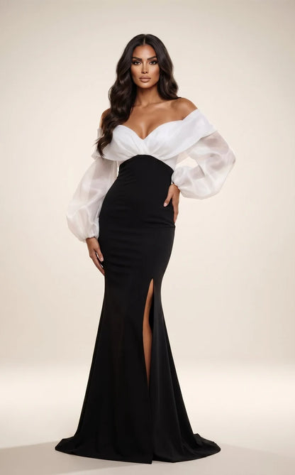 Black Organza & Crepe sheath-column off-the-shoulder floor-length Dress Front View - Aabei Dress