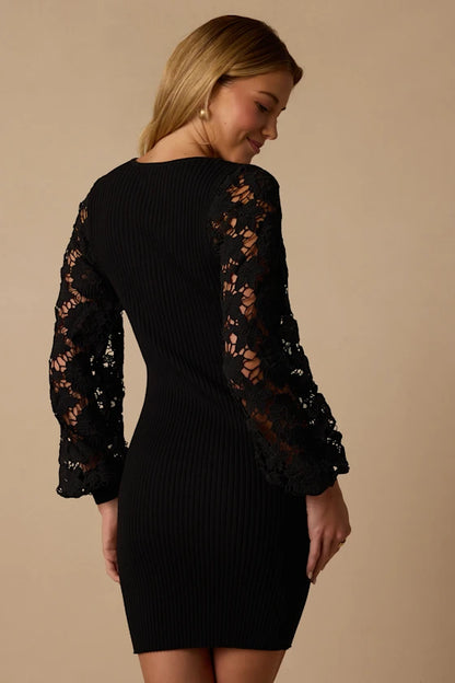 Black Ribbed Knit and Lace bodycon scoop-neck high-back mini Dress Back View - Aabei Dress