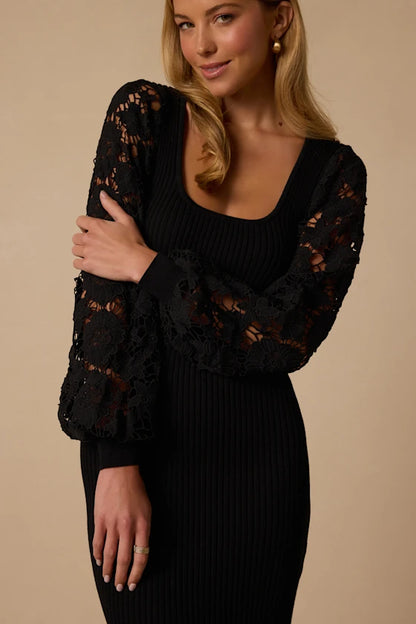 Black Ribbed Knit and Lace bodycon scoop-neck high-back mini Dress - Aabei Dress