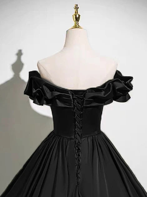Black Satin A-Line Off-the-Shoulder Lace-up Floor-Length Dress Back View - Aabei Dress