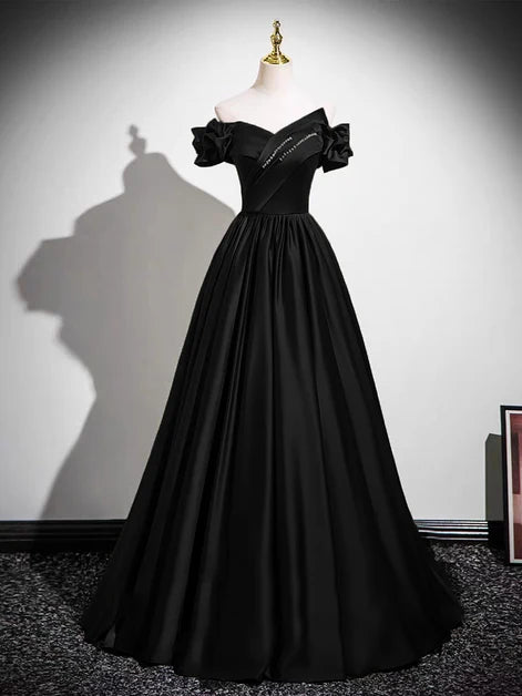 Black Satin A-Line Off-the-Shoulder Lace-up Floor-Length Dress Front View - Aabei Dress