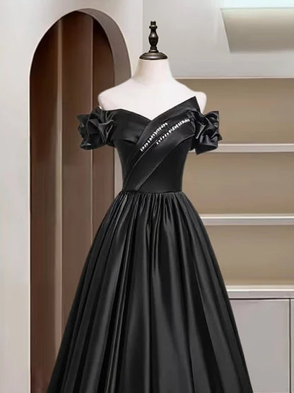 Black Satin A-Line Off-the-Shoulder Lace-up Floor-Length Dress - Aabei Dress