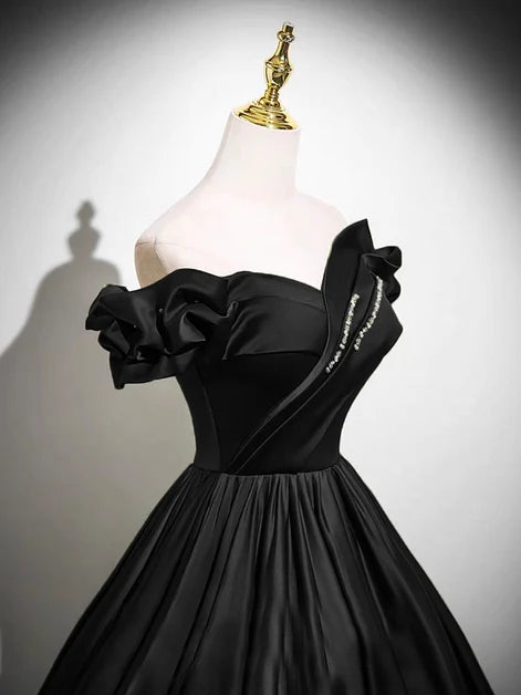 Black Satin A-Line Off-the-Shoulder Lace-up Floor-Length Dress - Aabei Dress