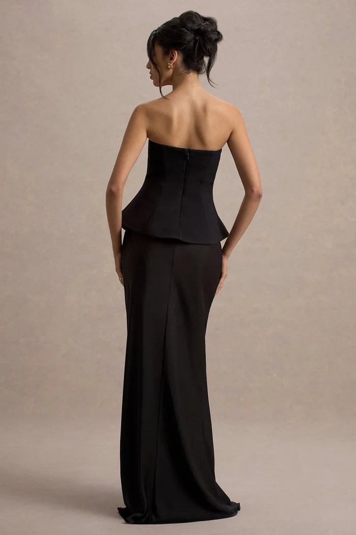 Black Satin and Crepe sheath-column straight-across floor-length Dress Back View - Aabei Dress