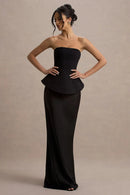 Black Satin and Crepe sheath-column straight-across floor-length Dress Front View - Aabei Dress