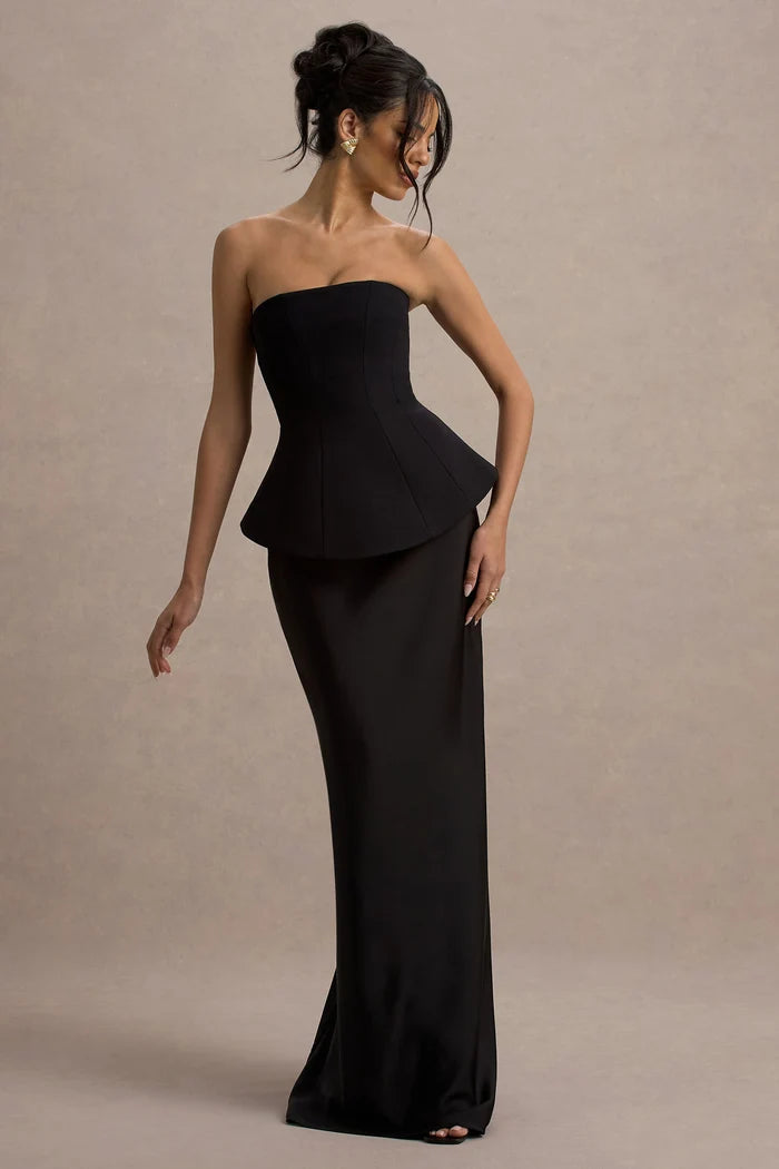 Black Satin and Crepe sheath-column straight-across floor-length Dress - Aabei Dress