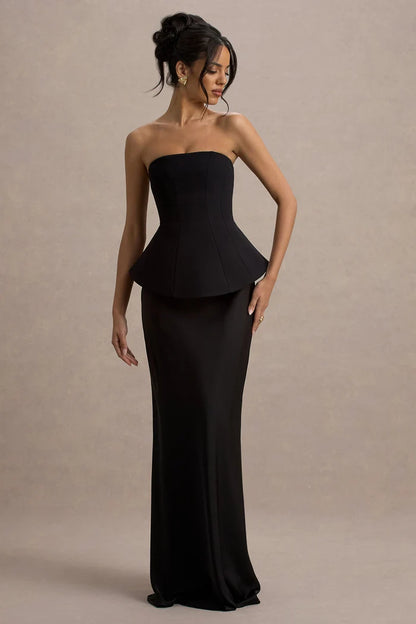 Black Satin and Crepe sheath-column straight-across floor-length Dress - Aabei Dress
