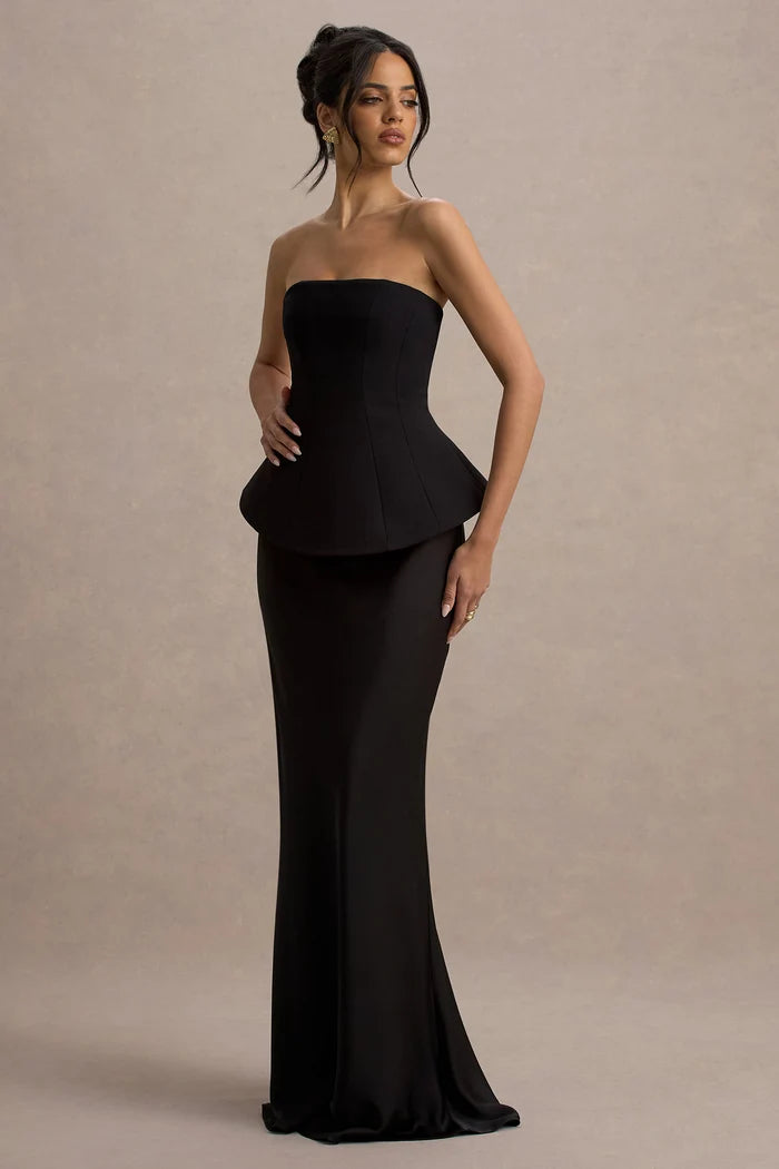 Black Satin and Crepe sheath-column straight-across floor-length Dress - Aabei Dress
