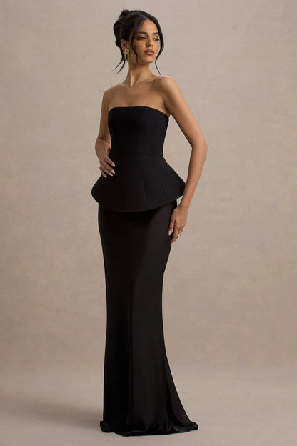 Black Satin and Crepe sheath-column straight-across floor-length Dress - Aabei Dress