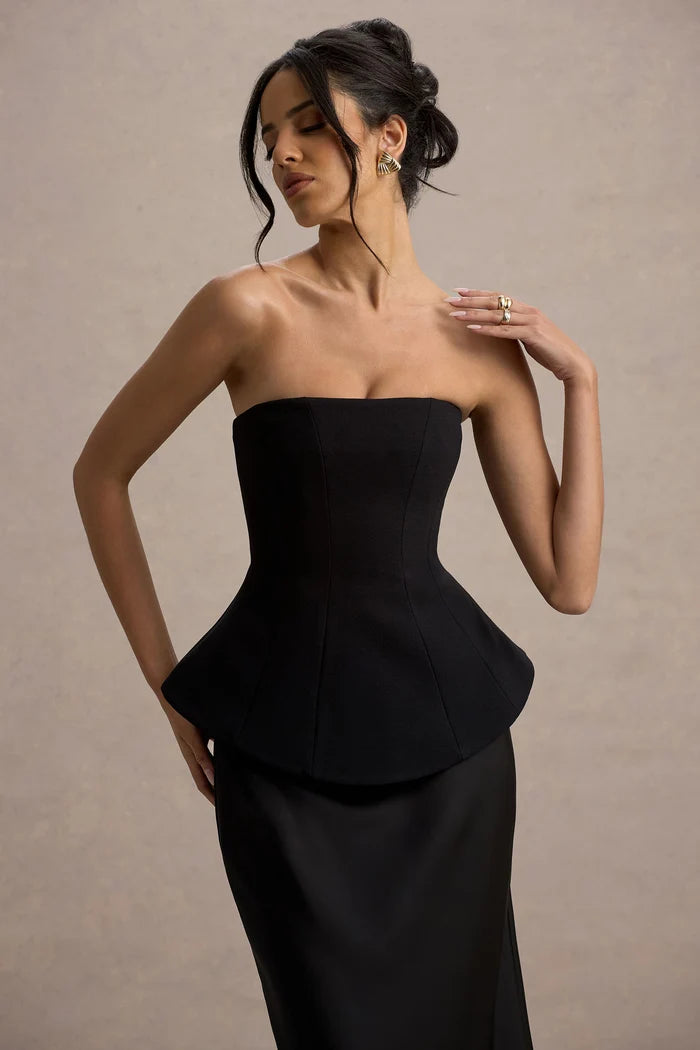 Black Satin and Crepe sheath-column straight-across floor-length Dress - Aabei Dress