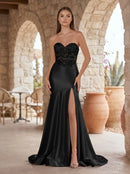 Black Satin and Lace Mermaid Sweetheart Lace-up-back Floor-Length Dress Front View - Aabei Dress
