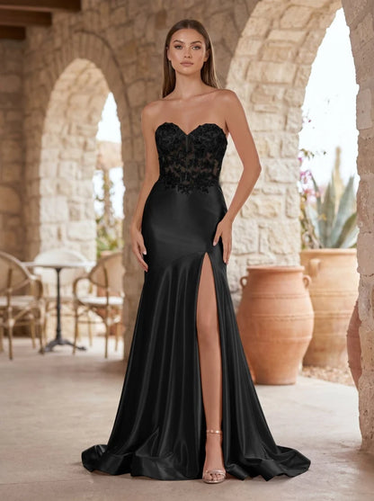 Black Satin and Lace Mermaid Sweetheart Lace-up-back Floor-Length Dress Front View - Aabei Dress