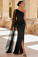Black Satin and Mesh sheath-column one-shoulder zipper-back floor-length Dress Front View - Aabei Dress
