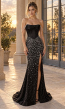 Black Satin & Mesh mermaid straight-across zipper-back floor-length Dress Front View - Aabei Dress