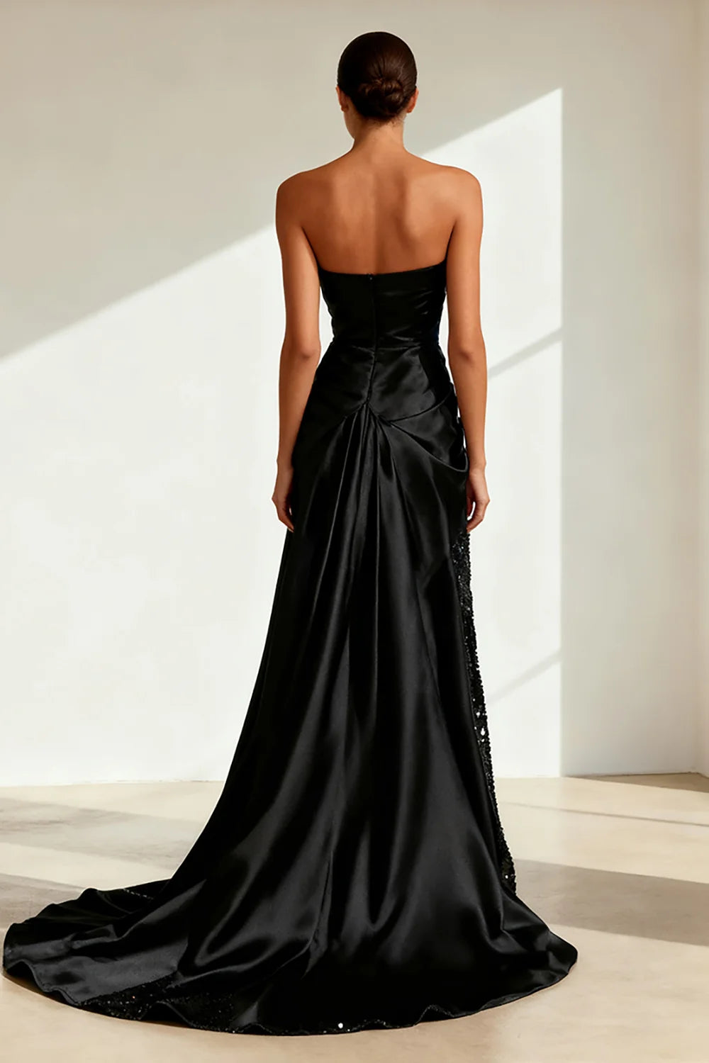 Black Satin & Sequin a-line strapless zipper-back floor-length Dress Back View - Aabei Dress