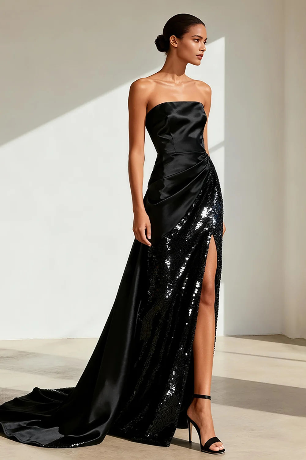 Black Satin & Sequin a-line strapless zipper-back floor-length Dress Front View - Aabei Dress