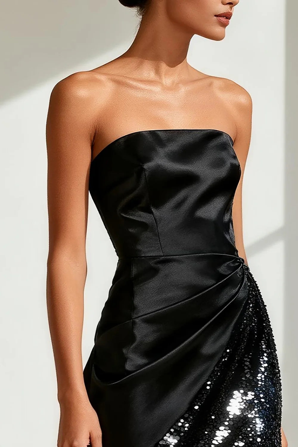 Black Satin & Sequin a-line strapless zipper-back floor-length Dress - Aabei Dress