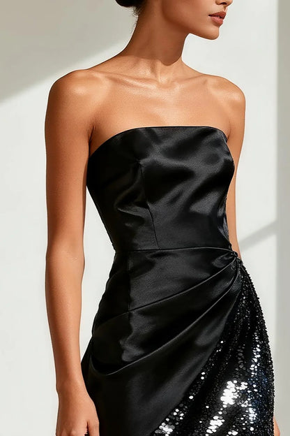 Black Satin & Sequin a-line strapless zipper-back floor-length Dress - Aabei Dress