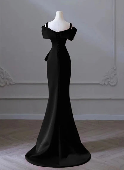 Black Satin sheath-column off-the-shoulder v-back floor-length Dress Back View - Aabei Dress
