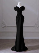 Black Satin sheath-column off-the-shoulder v-back floor-length Dress Front View - Aabei Dress