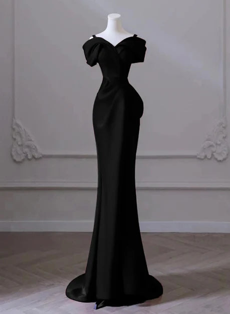 Black Satin sheath-column off-the-shoulder v-back floor-length Dress Front View - Aabei Dress