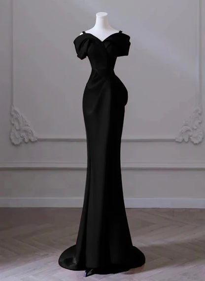 Black Satin sheath-column off-the-shoulder v-back floor-length Dress Front View - Aabei Dress