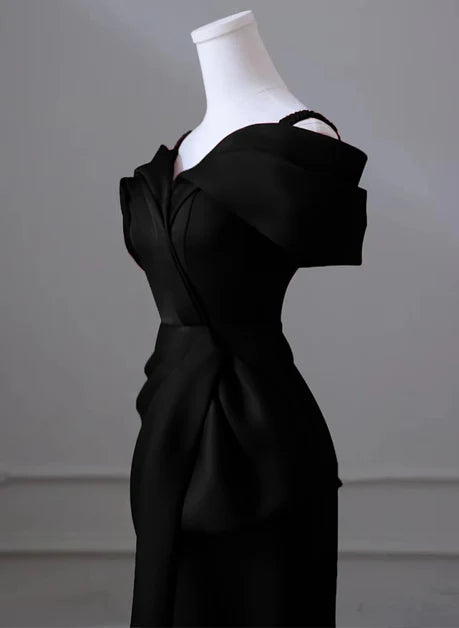 Black Satin sheath-column off-the-shoulder v-back floor-length Dress - Aabei Dress