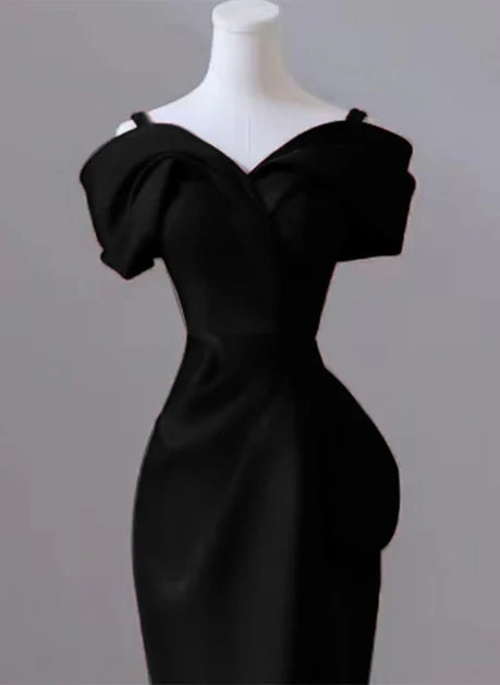 Black Satin sheath-column off-the-shoulder v-back floor-length Dress - Aabei Dress