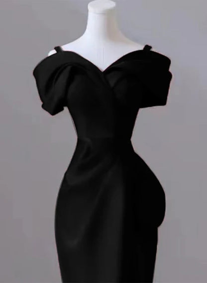 Black Satin sheath-column off-the-shoulder v-back floor-length Dress - Aabei Dress