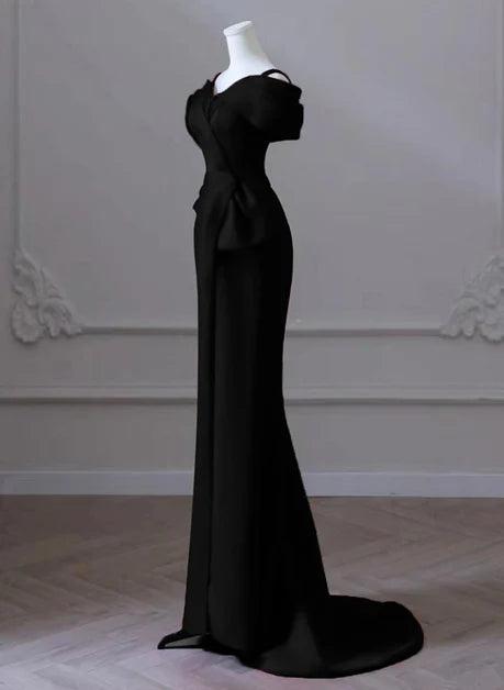 Black Satin sheath-column off-the-shoulder v-back floor-length Dress - Aabei Dress