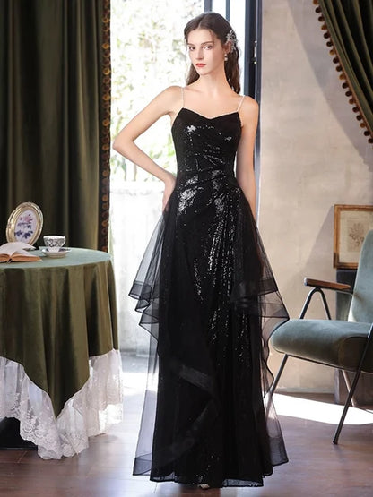 Black Sequin A-Line Sweetheart Zipper Back Floor-Length Dress Front View - Aabei Dress