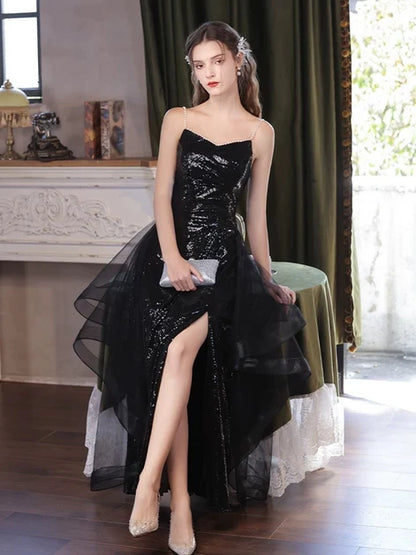 Black Sequin A-Line Sweetheart Zipper Back Floor-Length Dress - Aabei Dress