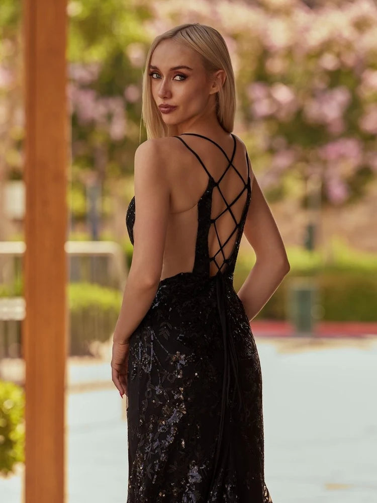 Black Sequin Mermaid V-Neck Lace-up Floor-Length Dress - Aabei Dress