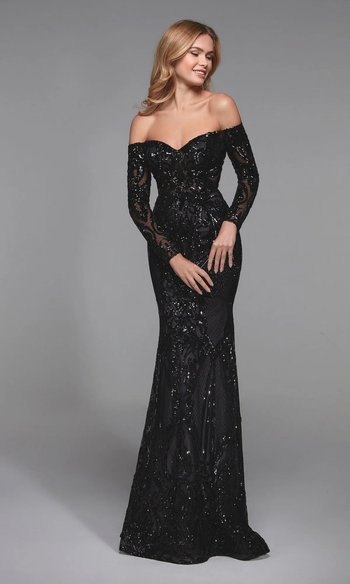 Black Sequin Mesh Mermaid Off the Shoulder Zipper Back Floor Length Dress - Aabei Dress