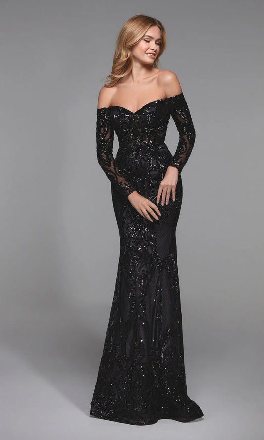 Black Sequin Mesh Mermaid Off the Shoulder Zipper Back Floor Length Dress - Aabei Dress