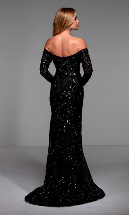 Black Sequin Mesh Mermaid Off the Shoulder Zipper Back Floor Length Dress - Aabei Dress