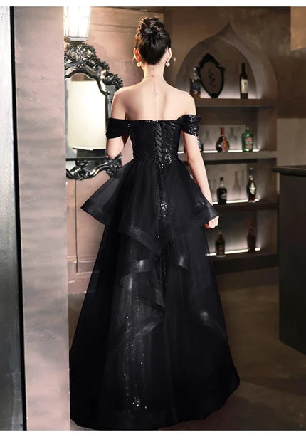 Black Sequin Organza A-Line Off-the-Shoulder Lace-Up Floor-Length Dress Back View - Aabei Dress