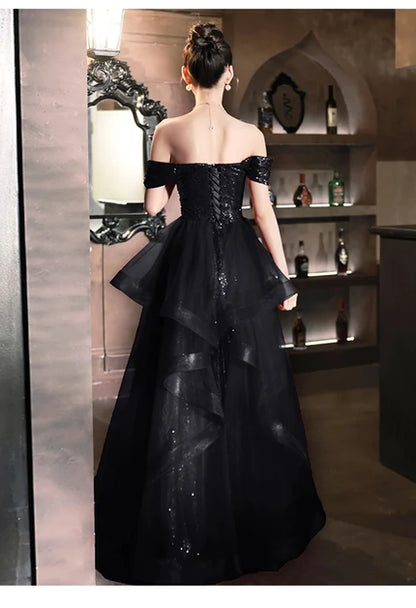 Black Sequin Organza A-Line Off-the-Shoulder Lace-Up Floor-Length Dress Back View - Aabei Dress