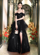 Black Sequin Organza A-Line Off-the-Shoulder Lace-Up Floor-Length Dress - Aabei Dress