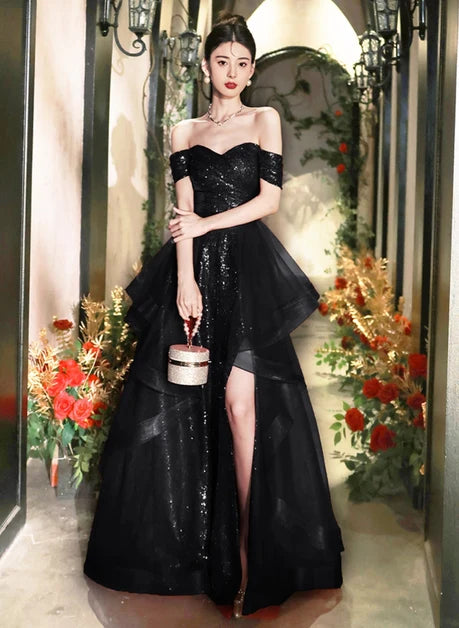 Black Sequin Organza A-Line Off-the-Shoulder Lace-Up Floor-Length Dress - Aabei Dress