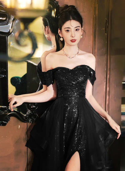 Black Sequin Organza A-Line Off-the-Shoulder Lace-Up Floor-Length Dress - Aabei Dress