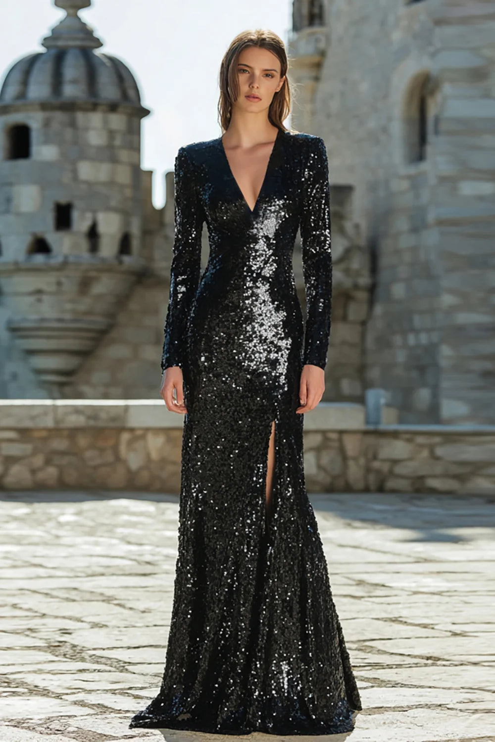 Black Sequin Sheath Column V-Neck Zipper Back Floor Length Dress - Aabei Dress