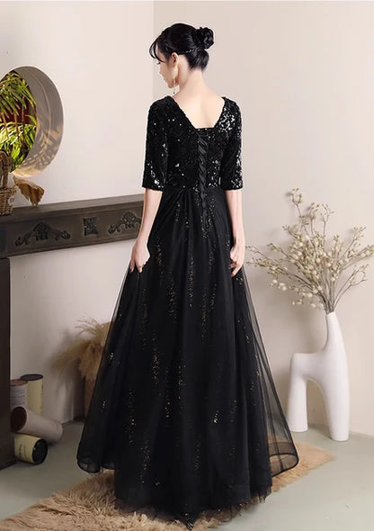 Black Sequin & Tulle A-Line V-Neck Lace-Up Back Floor-Length Dress Back View - Aabei Dress
