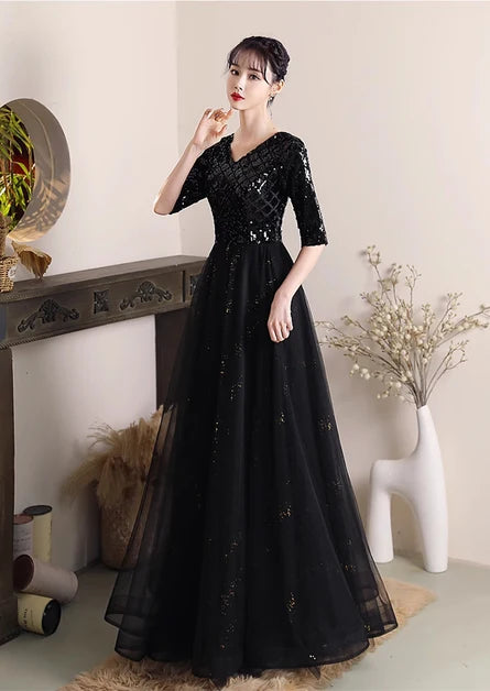 Black Sequin & Tulle A-Line V-Neck Lace-Up Back Floor-Length Dress Front View - Aabei Dress