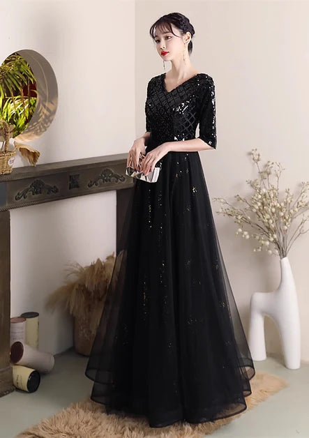 Black Sequin & Tulle A-Line V-Neck Lace-Up Back Floor-Length Dress - Aabei Dress