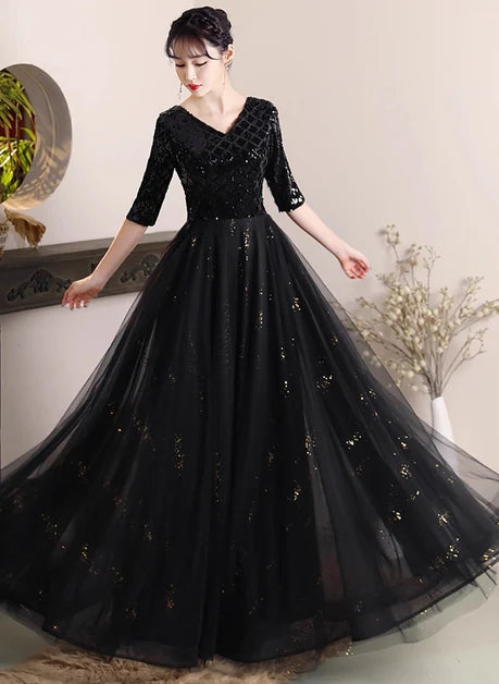 Black Sequin & Tulle A-Line V-Neck Lace-Up Back Floor-Length Dress - Aabei Dress