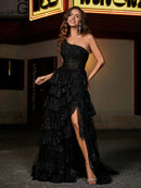 Black Sequined Lace Tiered A-Line One Shoulder Zipper Back Floor-Length Dress Front View - Aabei Dress