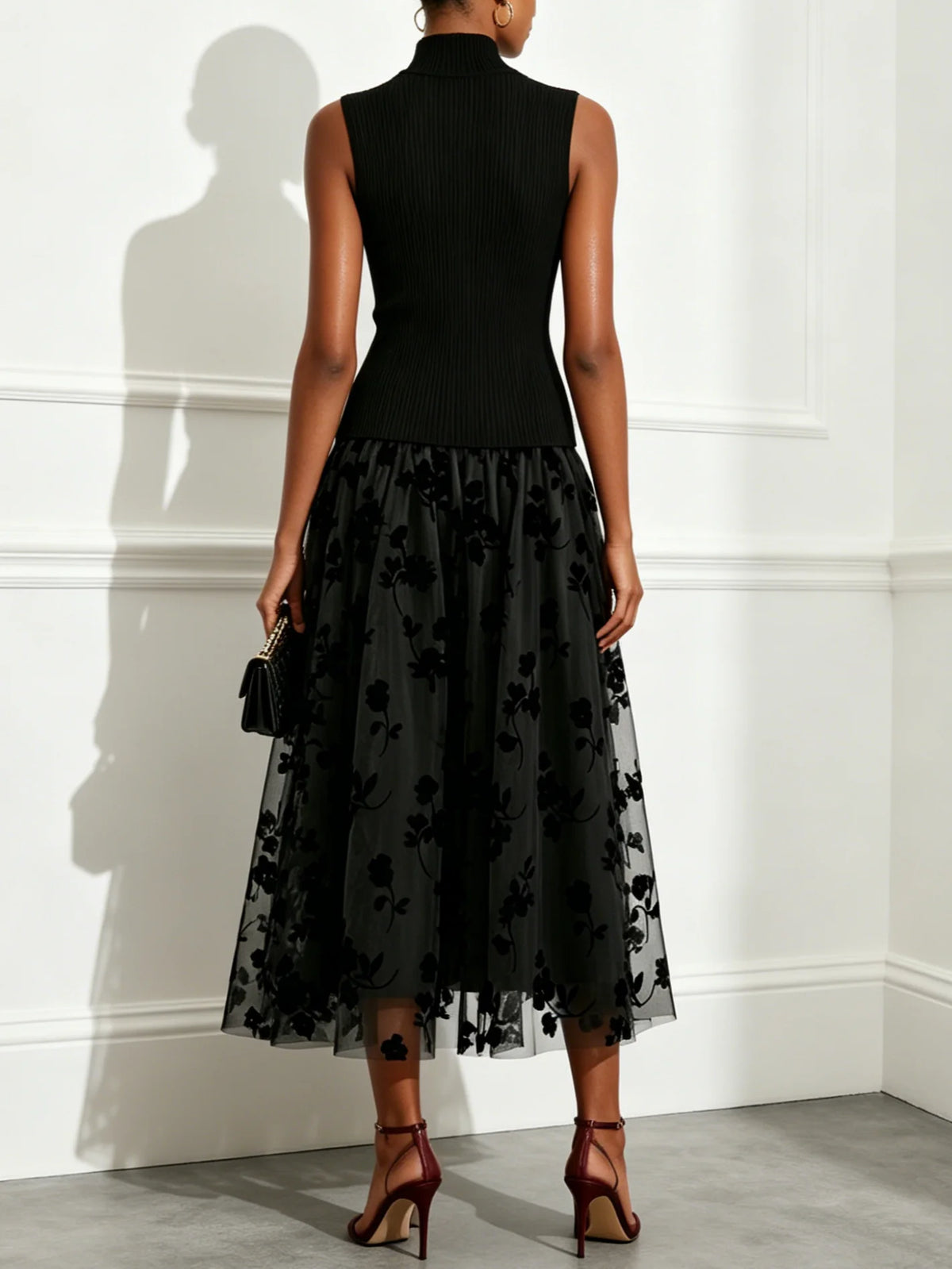 Black Stretch Knit and Flocked Tulle a-line high-neck high-back tea-length Dress Back View - Aabei Dress
