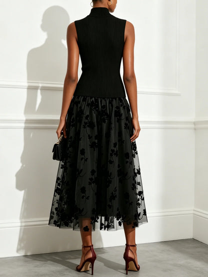 Black Stretch Knit and Flocked Tulle a-line high-neck high-back tea-length Dress Back View - Aabei Dress