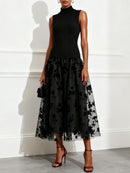 Black Stretch Knit and Flocked Tulle a-line high-neck high-back tea-length Dress Front View - Aabei Dress